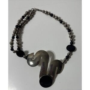Vintage Artisan Necklace Florelle Signed Silver Black  18" Art Deco Beaded